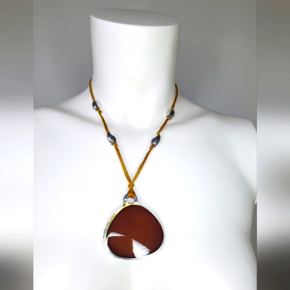 MDP -necklace - designer jewelry- fabric cord -metal&acrylic charm- Like-new